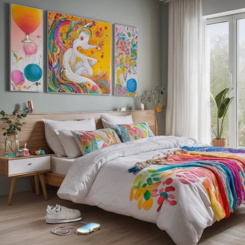 duvet cover,modern decor,flower painting,children's bedroom,contemporary decor,bed linen,flower wall en,boho art,modern room,guestroom,guest room,bedroom,flower blanket,kids room,abstract painting,bedding,sleeping room,colorful spiral,interior decor,interior decoration,Photography,General,Natural