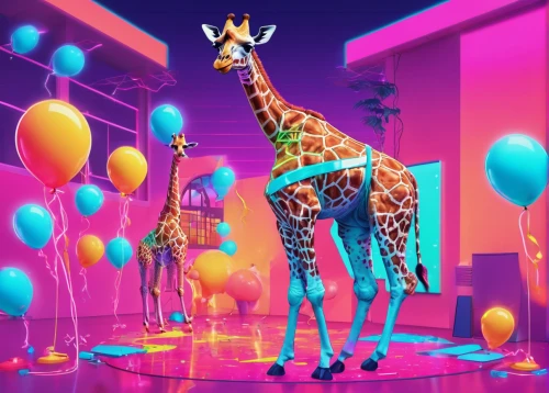 giraffe,giraffes,giraffidae,two giraffes,deep zoo,animal balloons,circus animal,cinema 4d,circus,3d fantasy,serengeti,whimsical animals,zoo,3d background,anthropomorphized animals,animalia,party decoration,giraffe plush toy,animal world,nightclub,Conceptual Art,Sci-Fi,Sci-Fi 28