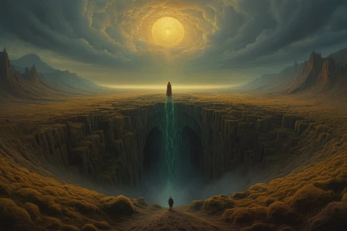 fantasy landscape,futuristic landscape,fantasy picture,monolith,the pillar of light,world digital painting,sci fiction illustration,mirror of souls,the mystical path,fantasy art,valley of desolation,the grave in the earth,wasserfall,golden scale,pillars of creation,parallel worlds,heaven gate,alien planet,descent,valley of death,Photography,General,Natural