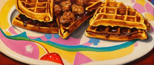 waffles,waffle hearts,waffle,liege waffle,waffle iron,belgian waffle,french toast,egg waffles,painted grilled,melba toast,plate of pancakes,berlin pancake,mille-feuille,ben's chili bowl,patty melt,pastelón,grilled cheese,american pancakes,toaster strudel,kaya toast,Art,Artistic Painting,Artistic Painting 36