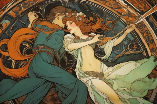 mucha,waltz,ballroom dance,clamp,art nouveau,ballroom,transistor,art nouveau design,masquerade,dancing couple,amorous,art nouveau frames,art nouveau frame,alfons mucha,asuka langley soryu,dancers,the ball,tango,clary,dance,Illustration,Retro,Retro 03