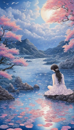 swan lake,landscape background,oil painting on canvas,idyll,japanese art,sea landscape,fantasy picture,art painting,fragrant snow sea,芦ﾉ湖,heaven lake,japanese sakura background,the cherry blossoms,oil painting,meditation,lake tanuki,evening lake,water lotus,swan on the lake,japan landscape,Illustration,Japanese style,Japanese Style 18