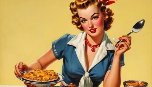 girl with cereal bowl,woman holding pie,diet icon,cornflakes,étouffée,woman eating apple,corn flakes,advertising figure,tin sign,cuisine classique,vintage advertisement,mincemeat,hamburger helper,cereals,cassoulet,pin ups,wheatberry,vintage dishes,macaroni,woman with ice-cream,Illustration,Retro,Retro 10