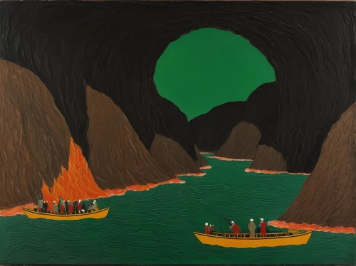 cave on the water,sea caves,lava cave,canoes,khokhloma painting,dante's inferno,indigenous painting,green sail black,volcano,monkey island,narrows,black landscape,miners,volcanic landscape,coal mining,cave tour,vesuvius,the blue caves,sea cave,dugout canoe,Art,Artistic Painting,Artistic Painting 09