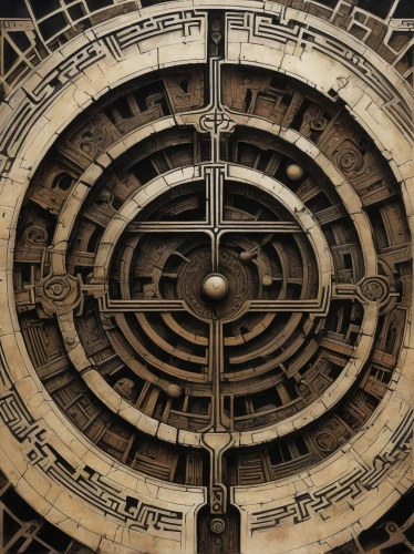 clockmaker,time spiral,astronomical clock,clockwork,mechanical puzzle,panopticon,combination lock,clock face,grandfather clock,the aztec calendar,i ching,biomechanical,steampunk gears,chronometer,clock,ship's wheel,armillary sphere,runes,sand clock,cryptography,Illustration,Realistic Fantasy,Realistic Fantasy 06