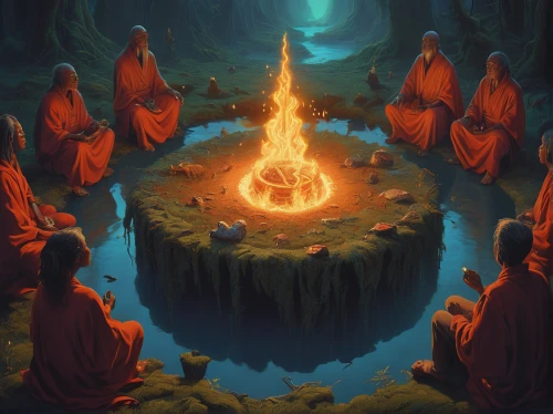 buddhist hell,fire ring,the eternal flame,fire bowl,campfire,buddhists monks,monks,druids,burning earth,burning torch,pillar of fire,ring of fire,cauldron,theravada buddhism,mirror of souls,campfires,pentecost,offering,lake of fire,fire planet,Conceptual Art,Fantasy,Fantasy 01