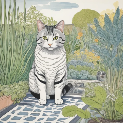 silver tabby,watercolor cat,european shorthair,pet portrait,american shorthair,tabby cat,gray cat,flower cat,domestic short-haired cat,egyptian mau,drawing cat,chartreux,garden ornament,domestic cat,garden pest,eglantine,gray kitty,cat sparrow,in the garden,cat european,Art,Artistic Painting,Artistic Painting 50