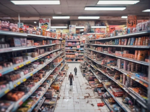 supermarket,grocery store,convenience store,aisle,deli,grocery,grocer,minimarket,supermarket shelf,spice market,shopkeeper,toy store,store,tilt shift,meat counter,candy store,isle,groceries,pantry,grocery shopping,Unique,3D,Panoramic