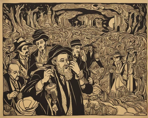 woodcut,jew's harp,rabbi,torah,cool woodblock images,pesach,prohibition,pilgrims,the pied piper of hamelin,mitzvah,trumpet chanterelle,cover,snake charmers,cd cover,the production of the beer,hand-drawn illustration,chanterelle,wood chips,procession,hinnom,Art,Artistic Painting,Artistic Painting 35