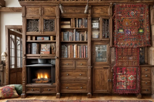 armoire,bookcase,bookshelves,china cabinet,fire place,bookshelf,interior decor,fireplace,book antique,cabinetry,fireplaces,patterned wood decoration,reading room,book wall,interior decoration,warm and cozy,cabinet,cupboard,fire screen,room divider,Interior Design,Living room,Farmhouse,Andean Warmth