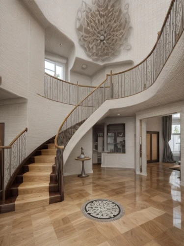 circular staircase,winding staircase,spiral staircase,wooden stair railing,staircase,outside staircase,luxury home interior,spiral stairs,3d rendering,wooden stairs,entrance hall,penthouse apartment,interior modern design,interior design,stairwell,art nouveau design,patterned wood decoration,stair,stairs,core renovation,Interior Design,Living room,Modern,Italian Modern Relaxation