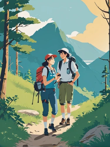 hikers,mountain hiking,travel poster,backpacking,hiking,alpine crossing,hike,hiker,vector illustration,travelers,hiking shoes,tourists,end of the trail,digital nomads,mountaineers,girl and boy outdoor,trekking,july pass,hiking equipment,mountain scene,Illustration,Vector,Vector 01