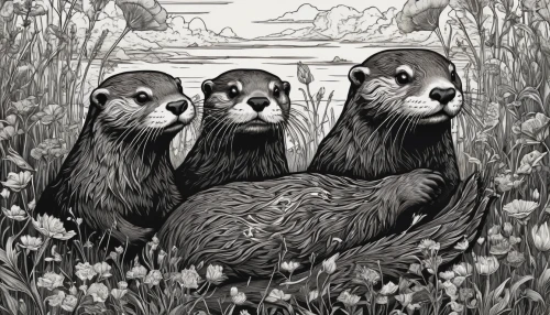 otters,beavers,prairie dogs,nettle family,seals,nutria,nutria-young,ground squirrels,line art animals,book illustration,anthropomorphized animals,mustelidae,sea lions,sea otter,woodland animals,hoary marmot,brown bears,waterfowls,hand-drawn illustration,whimsical animals,Illustration,Realistic Fantasy,Realistic Fantasy 46