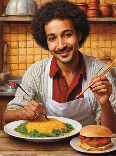 milanesa,cooking book cover,chef,men chef,gastronomy,calm usopp,kofta,maharashtrian cuisine,vegetarianism,falafel,dal,cuisine,vegetarian food,punjabi cuisine,sicilian cuisine,veggie burger,eritrean cuisine,shami kebab,south indian cuisine,placemat,Illustration,Retro,Retro 01