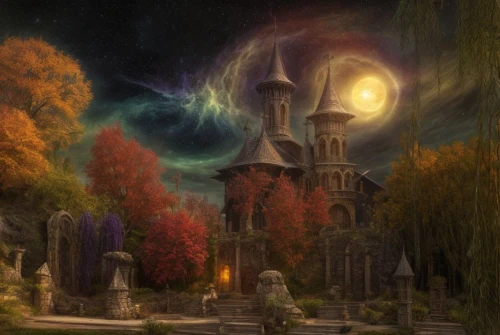fantasy picture,fantasy landscape,witch's house,halloween background,arcanum,fantasy art,castle of the corvin,haunted cathedral,druid grove,witch house,devilwood,the mystical path,hall of the fallen,fairy tale castle,myst,fantasy world,aurora village,northrend,ghost castle,halloween scene,Game Scene Design,Game Scene Design,Magical Fantasy