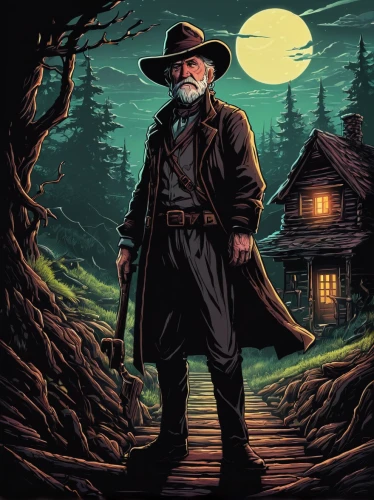 farmer in the woods,pilgrim,halloween poster,vector illustration,indiana jones,merle black,halloween illustration,woodsman,the wanderer,digital illustration,merle,wolfman,the wizard,geppetto,ranger,old man,game illustration,halloween wallpaper,vector art,the old man,Illustration,Realistic Fantasy,Realistic Fantasy 25