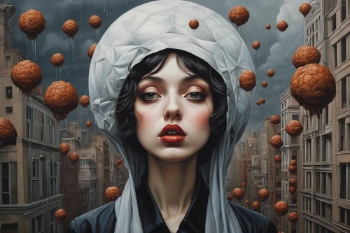 woman with ice-cream,woman holding pie,confectioner,juggler,surrealism,little girl with balloons,confection,world digital painting,surrealistic,woman thinking,red balloon,balloon head,woman eating apple,girl with bread-and-butter,poppy seed,candy apple,confectionery,pierrot,cigarette girl,the hat of the woman,Conceptual Art,Daily,Daily 14