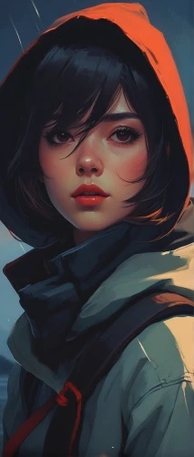 transistor,raincoat,parka,red coat,rainy,weather-beaten,red riding hood,clementine,scythe,rosa ' amber cover,digital painting,mulan,windbreaker,monsoon banner,little red riding hood,world digital painting,portrait background,nora,walking in the rain,in the rain,Conceptual Art,Fantasy,Fantasy 19
