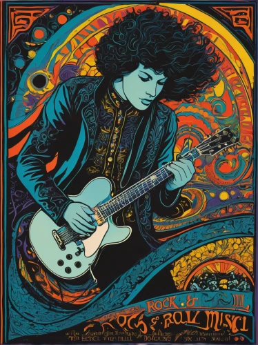 cd cover,slide guitar,electric guitar,paisley,painted guitar,rhythm blues,blank vinyl record jacket,gypsy soul,guitar solo,herbal rocker,temples,the guitar,psychedelic art,rock 'n' roll,black light,vincent van gough,afro,guitar head,guitar player,the hummingbird hawk-purple,Illustration,Black and White,Black and White 21