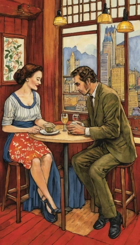 vintage man and woman,david bates,vintage boy and girl,courtship,vintage illustration,woman at cafe,romantic scene,the coffee shop,paris cafe,vintage art,as a couple,man and woman,romantic meeting,young couple,french valentine,man and wife,dating,date,the coca-cola company,tetleys,Illustration,Retro,Retro 06