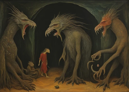 krampus,the wolf pit,the mother and children,the pied piper of hamelin,phobia,dance of death,predation,creatures,werewolves,surrealism,nine-tailed,purgatory,dark art,children's fairy tale,the collector,banishment,dante's inferno,puppeteer,tall tales,confrontation,Illustration,Abstract Fantasy,Abstract Fantasy 16