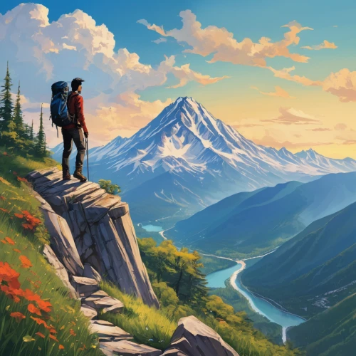 alpine crossing,mountain scene,mountain world,mountains,high mountains,autumn mountains,hikers,mountain sunrise,mountain,mountain landscape,mountain top,mountain hiking,the spirit of the mountains,mountainside,mountain peak,landscape background,world digital painting,mountain slope,high landscape,mountain view,Illustration,Paper based,Paper Based 07