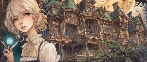 violet evergarden,alice,witch's house,fairy tale,rapunzel,fairy tale character,fantasy city,dandelion hall,clockmaker,a200,fairy tales,tale,fantasy world,3d fantasy,hamelin,apothecary,art nouveau,lostplace,amano,fairytales,Illustration,Abstract Fantasy,Abstract Fantasy 11