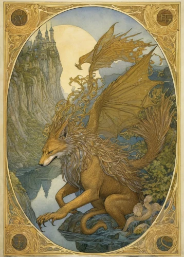 gryphon,faun,forest dragon,kelpie,faery,capricorn,rabbits and hares,fairy tale character,faerie,fox and hare,griffon bruxellois,fairy tale icons,hares,trioceros,heraldic animal,children's fairy tale,griffin,mythical creature,pegasus,fae,Illustration,Retro,Retro 01