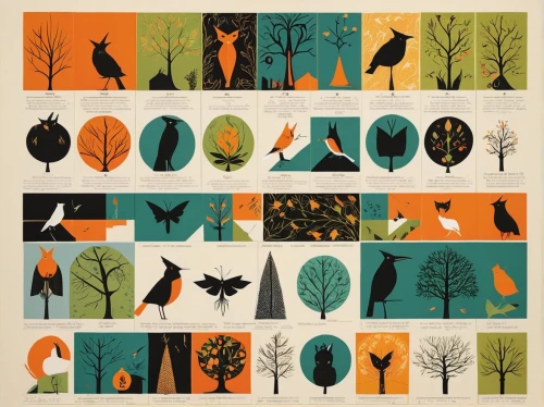 forest animals,woodland animals,fall animals,animal silhouettes,animal shapes,animal icons,flock of birds,rabbits and hares,whimsical animals,autumn trees,autumn forest,garden birds,birds singing,autumn theme,autumn pattern,leaf icons,wild birds,group of birds,autumn colouring,halloween bare trees,Illustration,Vector,Vector 13