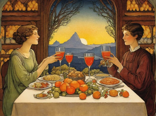 bellini,apple harvest,aperol,apéritif,aperitif,cornucopia,kate greenaway,sicilian cuisine,grape harvest,campari,candlemas,harvest festival,persimmons,dinner party,autumn taste,woman eating apple,wine harvest,clementines,romantic dinner,christ feast,Illustration,Retro,Retro 19