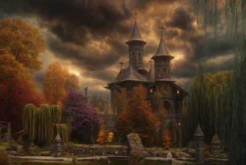 haunted castle,fantasy picture,ghost castle,fairy tale castle,witch's house,fantasy landscape,castle of the corvin,haunted cathedral,witch house,the haunted house,fairytale castle,haunted house,halloween background,halloween scene,mortuary temple,old graveyard,gothic architecture,fantasy art,gothic style,hall of the fallen,Game Scene Design,Game Scene Design,Magical Fantasy