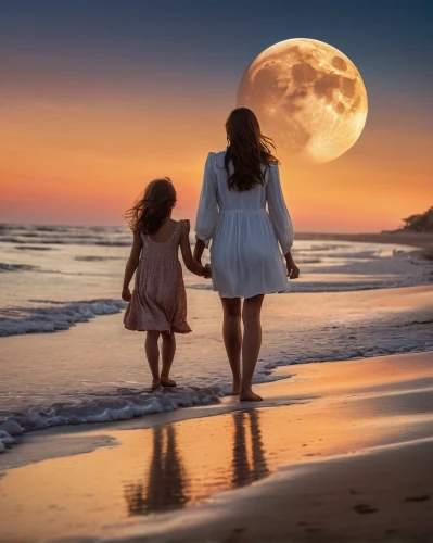 little girl and mother,beach moonflower,moonrise,beach walk,moonlit night,walk on the beach,walk with the children,full moon,moon shine,sun and moon,full moon day,moonlit,little girls walking,super moon,mother and daughter,big moon,mom and daughter,moon and star,moonlight,moon walk,Photography,General,Natural