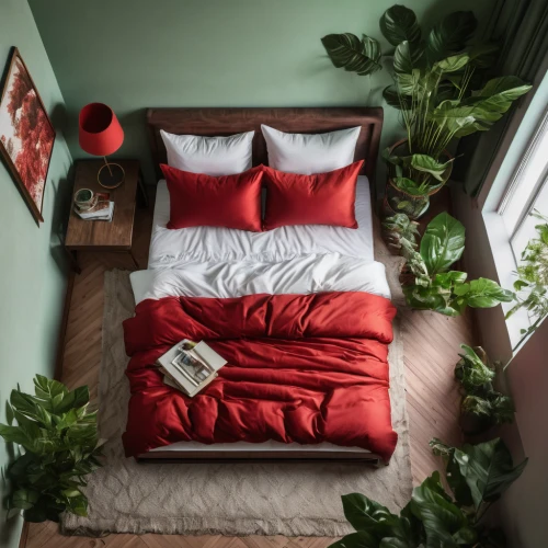 duvet cover,canopy bed,bed linen,guestroom,bedding,bedroom,guest room,bed,bed frame,valentine's day décor,futon pad,sleeping room,bed in the cornfield,sofa bed,red wall,red and green,soft furniture,pillows,decor,decorates,Photography,General,Natural