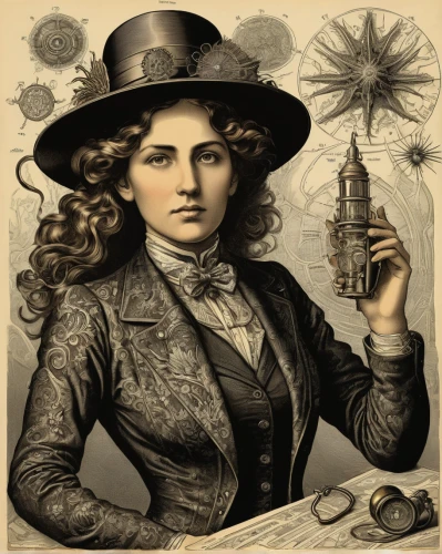 ladies pocket watch,steampunk,steampunk gears,victorian lady,stovepipe hat,tincture,digiscrap,horehound,vintage female portrait,the victorian era,dutchman's pipe,women in technology,cd cover,poison bottle,clockmaker,motherwort,apothecary,creating perfume,coffee grinder,the hat of the woman,Illustration,Retro,Retro 24