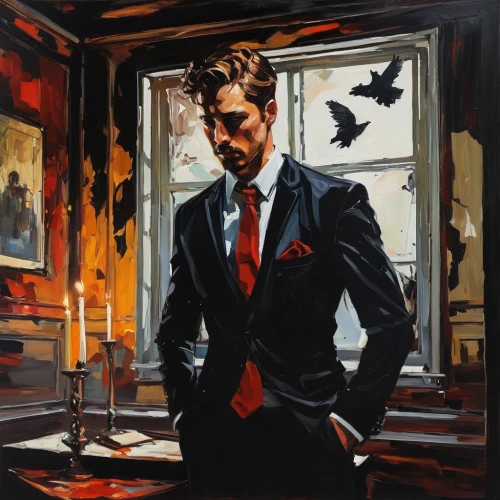 hitchcock,self-portrait,robert harbeck,art painting,italian painter,painting technique,businessman,david bates,white-collar worker,meticulous painting,oil on canvas,gentleman icons,oil painting on canvas,smoking man,oil painting,two face,silk tie,artist portrait,paintings,rorschach,Conceptual Art,Oil color,Oil Color 08