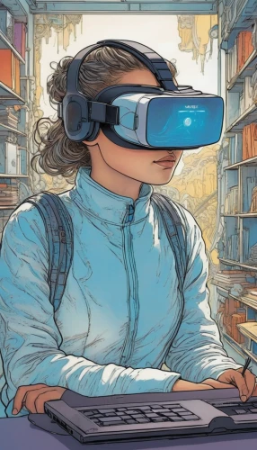 vr,sci fiction illustration,women in technology,girl at the computer,digitization of library,vr headset,virtual world,virtual reality,digital technology,oculus,computer addiction,digital nomads,cyber glasses,virtual,book electronic,virtual reality headset,librarian,book glasses,girl studying,cyberpunk,Illustration,Black and White,Black and White 13