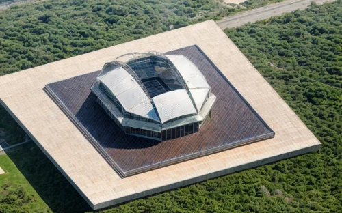 glass pyramid,glass building,soumaya museum,russian pyramid,autostadt wolfsburg,futuristic art museum,cão da serra de aires,view from above,the observation deck,top of the rock,top view,from above,granite dome,glass roof,observation deck,solar cell base,mausoleum,water cube,observation tower,hexagon,Architecture,Commercial Building,Modern,Garden Modern