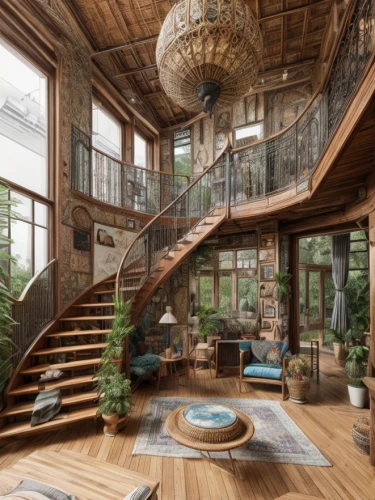 tree house hotel,tree house,loft,wood deck,wooden stairs,beautiful home,penthouse apartment,wooden beams,winding staircase,interior design,treehouse,luxury home interior,wooden floor,circular staircase,wooden house,timber house,spiral staircase,wooden stair railing,outside staircase,home interior,Interior Design,Living room,Bohemia,American Boho