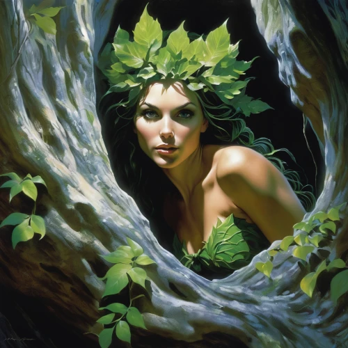 dryad,poison ivy,the enchantress,faerie,faery,girl in a wreath,background ivy,polynesian girl,moonflower,anahata,mother nature,mother earth,ivy,undergrowth,elven flower,hula,tree crown,fantasy art,girl with tree,sacred fig,Conceptual Art,Fantasy,Fantasy 20