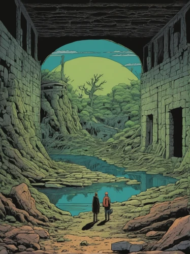 chasm,fallout shelter,cliff dwelling,underworld,the ruins of the,quarry,ruins,temples,stone quarry,sci fiction illustration,cave on the water,parallel worlds,backgrounds,caravansary,cover,ravine,the grave in the earth,catacombs,karst landscape,peter-pavel's fortress,Illustration,American Style,American Style 15