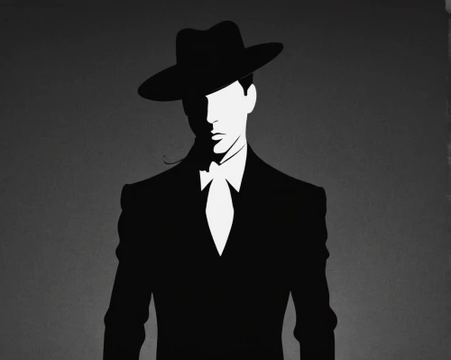 black hat,man silhouette,cowboy silhouettes,slender,smooth criminal,silhouette of man,detective,rorschach,spy visual,film noir,secret agent,gentleman icons,trilby,top hat,mannequin silhouettes,fedora,stetson,silhouette art,inspector,mobster,Illustration,Black and White,Black and White 33