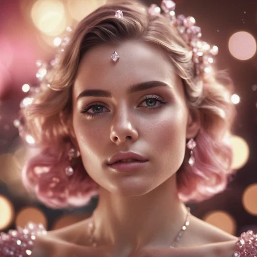 mystical portrait of a girl,romantic portrait,fantasy portrait,jeweled,romantic look,vintage makeup,girl portrait,bridal jewelry,portrait background,pink beauty,fairy lights,fairy queen,cinderella,girl in a wreath,rose gold,retouching,vintage woman,vintage girl,rosa ' the fairy,fae,Photography,General,Cinematic