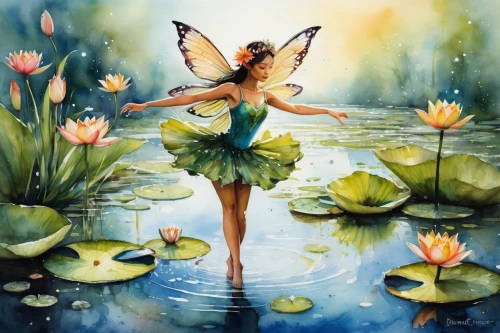 watercolor painting,butterfly swimming,water lotus,faery,little girl fairy,waterlily,faerie,watercolor,fairies aloft,water lilly,ballerina girl,lotus blossom,fairy,cupido (butterfly),lily pond,water lily,lily water,ulysses butterfly,flower of water-lily,water lilies,Illustration,Paper based,Paper Based 03