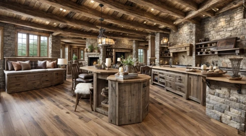 rustic,log cabin,log home,wooden beams,country cottage,wooden floor,hardwood floors,tile kitchen,wood floor,big kitchen,kitchen interior,kitchen design,wood flooring,the cabin in the mountains,wooden planks,new england style house,chefs kitchen,victorian kitchen,timber house,kitchen table,Interior Design,Living room,Farmhouse,American Rustic Retreat