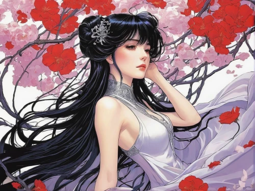 fallen petals,oriental princess,petals,yulan magnolia,plum blossom,white blossom,chinese art,cherry petals,lotus hearts,jasmine blossom,seerose,sakura blossom,bridal veil,red petals,plum blossoms,japanese sakura background,bleeding heart,oriental girl,sakura flower,青龙菜,Illustration,Japanese style,Japanese Style 13