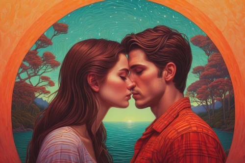 romantic portrait,young couple,honeymoon,two people,kissing,first kiss,boy kisses girl,pda,amorous,romantic scene,adam and eve,couple in love,lovers,cheek kissing,making out,closeness,whispering,boy and girl,sci fiction illustration,couple,Conceptual Art,Daily,Daily 25