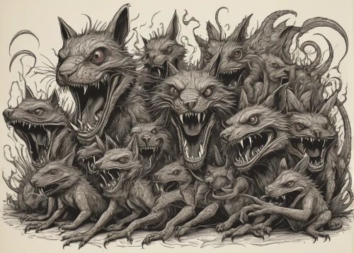 charcoal nest,werewolves,krampus,creatures,rodents,werewolf,three eyed monster,the wolf pit,monsters,wolves,druids,gargoyles,rats,nine-tailed,canines,bats,predation,herd of goats,wolf pack,line art animals,Illustration,Black and White,Black and White 01