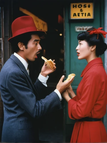 breakfast at tiffany's,pork-pie hat,vintage man and woman,woman holding pie,vintage boy and girl,man in red dress,cigarette girl,joan collins-hollywood,italians,johnnycake,clue and white,as a couple,french culture,french tourists,french valentine,woman with ice-cream,chinatown,submarine sandwich,bologna sandwich,st valentin,Photography,Documentary Photography,Documentary Photography 15