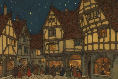 christmas scene,medieval market,christmas market,winter village,christmas village,medieval street,carol singers,snow scene,christmas town,night scene,escher village,christmas landscape,nativity village,winter festival,vintage christmas card,carolers,knight village,christmas window,medieval town,lavenham,Illustration,Retro,Retro 17