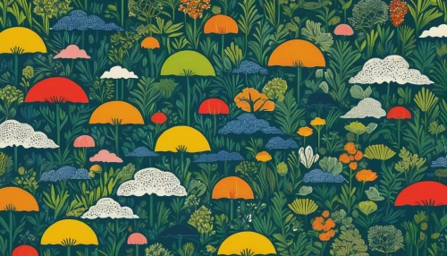 mushroom landscape,cartoon forest,umbrella pattern,seamless pattern,forest floor,background pattern,forest mushrooms,mushrooms,seamless pattern repeat,vintage wallpaper,crayon background,kimono fabric,fairy forest,toadstools,umbrellas,rain stoppers,hippie fabric,shower curtain,floral background,parasols,Conceptual Art,Daily,Daily 26